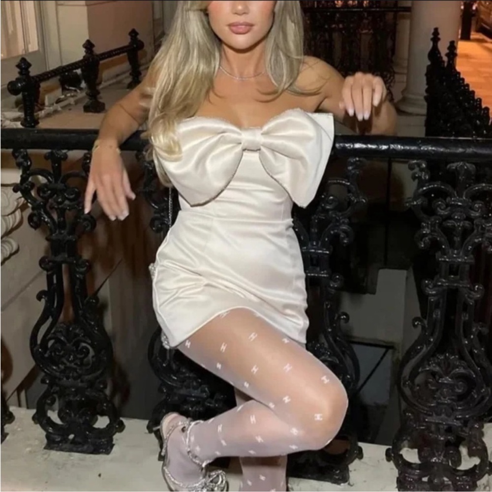 House of CB Ariella Ivory Satin Crystal Embellished Bow Dress